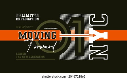 NYC, moving forward, outfitters states, modern and stylish typography slogan. Colorful abstract design vector illustration for print tee shirt, typography, background, poster and more uses.