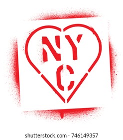  ''NYC'' (New York City Abbreviation) In Heart. Red Spray Graffiti Stencil. 