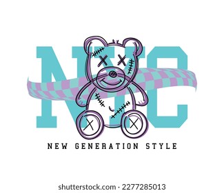 NYC New York City college style slogan text. Teddy bear emoji drawing. Vector illustration design for fashion graphics, t shirt prints, sweatshirts.