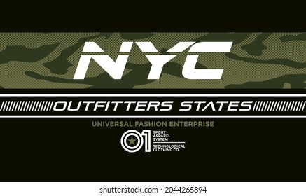 NYC, New York City, outfitters states, modern and stylish typography slogan. Colorful abstract design vector illustration for print tee shirt, typography, background, poster and more uses.