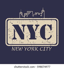 NYC, New York City typography for design clothes, t-shirts. Silhouette of the city skyline - architecture and buildings. Graphics for print product. Vector illustration.