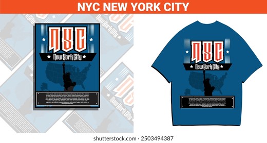 NYC NEW YORK CITY. Urban t shirt design vector, statue streetwear vector graphic for t shirt print. New York illustration for apparel and clothing