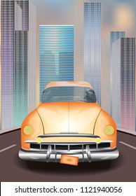 NYC old yellow cab on skyscrapers background, Vector eps 10