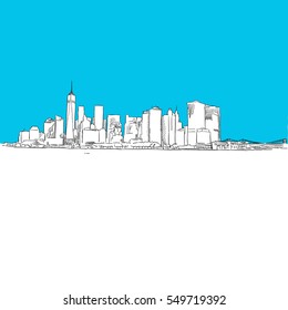 NYC panorama, Blue Series, Hand-drawn Vector Artwork