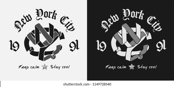 NYC ribbon slogan black and white for fashion print