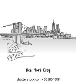 NYC Skyline Greeting Card Design, Hand-drawn Vector Outline Sketch