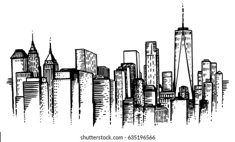 NYC skyline sketch, hand-drawn illustration. New York cityscape. 