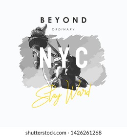 NYC slogan with b/w liberty statue illustration