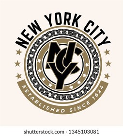 NYC slogan in circle shape graphic with black circle chain illustration