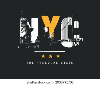 NYC slogan with liberty statue and bridge shadow vector illustration on black background