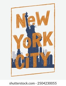 NYC slogan with liberty statue and bridge shadow vector illustration