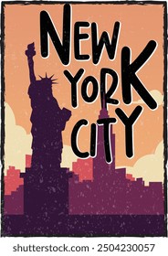 NYC slogan with liberty statue and bridge shadow vector illustration