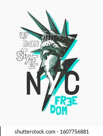 NYC slogan with liberty statue face in thunder bolt illustration 