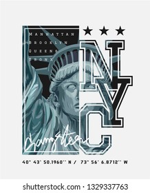 NYC slogan with liberty statue illustration