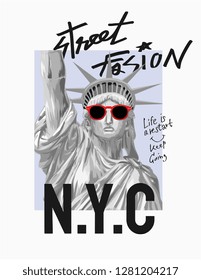 NYC slogan with liberty statue in sunglasses illustration