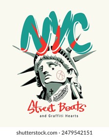 NYC slogan with liberty statue with tattoo graphic vector illustration