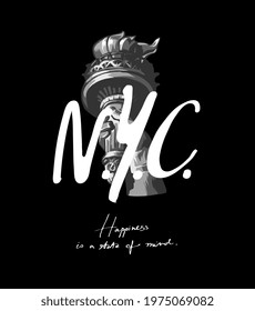 NYC slogan on black and white statue of liberty hand torch vector illustration on black background