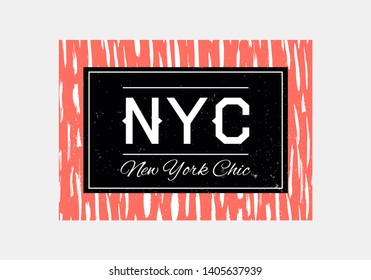 NYC slogan typography brush background. Fashion t-shirt design. Girls tee shirt trendy print. Slogan graphic animal skin. Trendy T-shirt Print 