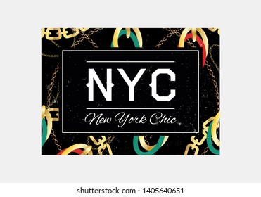 NYC slogan typography on gold chain pattern background. Fashion t-shirt design. Girls tee shirt trendy print.   Awesome slogan with golden chains 