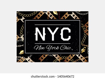 NYC slogan typography on gold chain pattern background. Fashion t-shirt design. Girls tee shirt trendy print.   Awesome slogan with golden chains 