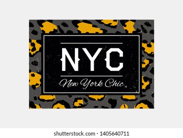 NYC slogan typography on gold chain pattern background. Fashion t-shirt design. Girls tee shirt trendy print.   Awesome slogan with golden chains 