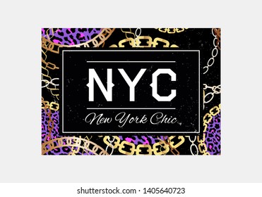 NYC slogan typography on gold chain pattern background. Fashion t-shirt design. Girls tee shirt trendy print.   Awesome slogan with golden chains 