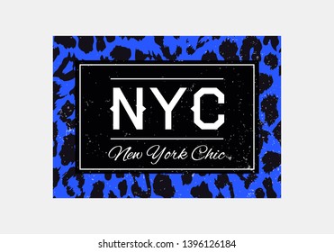 NYC slogan typography on leopard pattern background. Fashion t-shirt design. Girls tee shirt trendy print. 