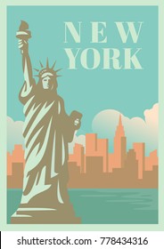 NYC and Statue of Liberty with skyscrapers. Vector