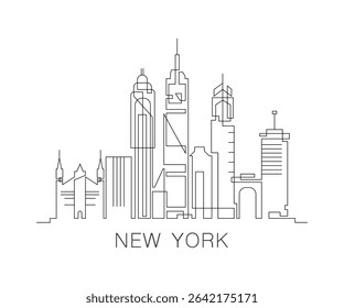 NYC stroke, single art skyline. Continuous urban panorama silhouette outline, vector illustration of USA, New York state city with buildings, skyscrapers. Thin line icon, logo, card