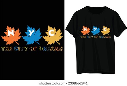 NYC T-shirt design. Leaf T-shirt design. Retro T-shirt design. Feet up on a black T-shirt and black background.