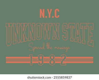 NYC Unknown State 1982 typography Varsity graphic vector.