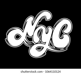 NYC. Vector handwritten lettering made in old school style isolated. Template for card, poster, banner, print for t-shirt, badge, pin and patch. 