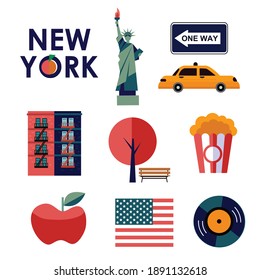 nyc vector icons and symbols, apple, taxi, building, fastfood, skyscrapper