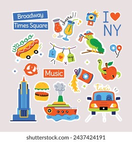 A nyc vector showcasing various new york cuisines, street foods, cultural accessories and monuments 