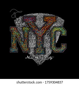 NYC,New York.Vintage and typography design in vector illustration.Scribble and chaotic sketch.