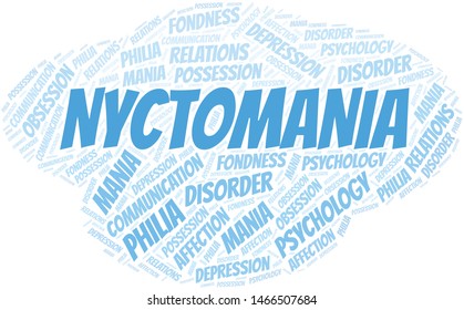 Nyctomania word cloud. Type of mania, made with text only.