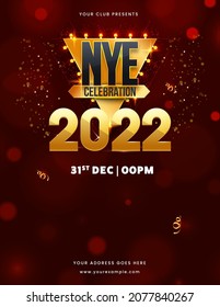 NYE Celebration Invitation Card With Golden 2022 Number And Copy Space On Red Bokeh Background.