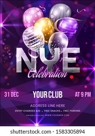 NYE Celebration Invitation, Template Or Flyer Design With Balloons And Event Details On Purple Bokeh Light Effect Background.