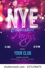 NYE Celebration Party Invitation Card Or Flyer Design With Event Details On Purple Bokeh Lighting Effect Background.