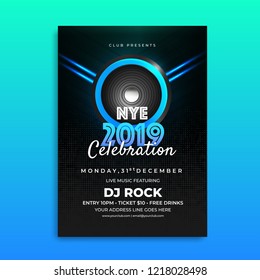 NYE (New Year Eve) 2019 Celebration Template Design With Time, Date And Venue Details.