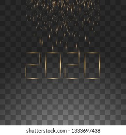NYE New Year Eve 2020. Happy New Year 2020 winter holiday greeting card with clock isolated on black transparent background. Design template. Party poster, banner or invitation gold glittering stars