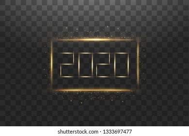 NYE New Year Eve 2020. Happy New Year 2020 winter holiday greeting card with clock isolated on black transparent background. Design template. Party poster, banner or invitation gold glittering stars