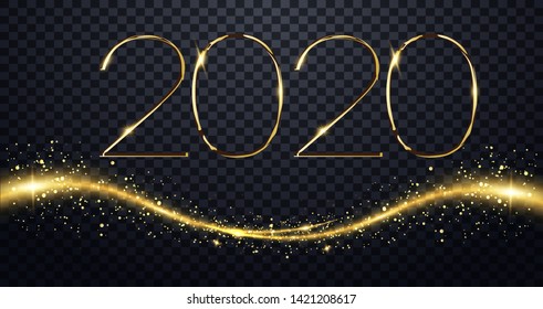 NYE (New Year Eve) 2020. Happy New Year 2020 Winter Holiday Greeting Card Design Template. Party Poster, Banner Or Invitation Gold Glittering Stars Confetti Glitter Decoration. Vector Illustration