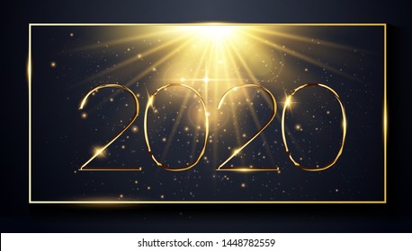 NYE (New Year Eve) 2020. Happy New Year 2020 winter holiday greeting card design template. Party poster, banner or invitation gold glittering stars falling snowflakes glitter decoration. xmas, vector