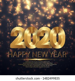 NYE (New Year Eve) 2020. Happy New Year 2020 winter holiday greeting card design template. Party poster, banner or invitation gold glittering stars falling snowflakes glitter decoration. xmas, vecto