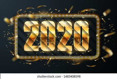 NYE (New Year Eve) 2020. Happy New Year 2020 winter holiday greeting card design template. Party poster, banner or invitation gold glittering stars falling snowflakes glitter decoration. xmas, vector