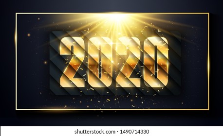 NYE (New Year Eve) 2020. Happy New Year 2020 winter holiday greeting card design template. Party poster, banner or invitation gold glittering stars falling snowflakes glitter decoration. xmas, vector