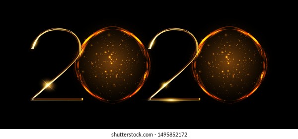 NYE (New Year Eve) 2020. Happy New Year 2020 winter holiday greeting card design template. Party poster, banner or invitation gold glittering stars falling snowflakes glitter decoration. xmas, vector