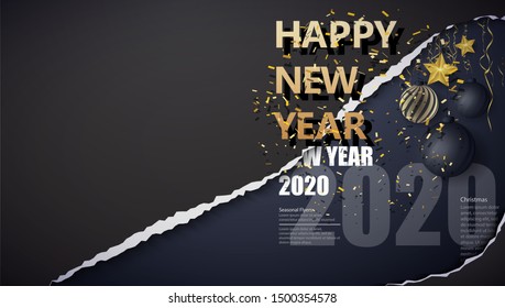 NYE (New Year Eve) 2020. Happy New Year 2020 winter holiday greeting card design template. Party poster, banner or invitation gold glittering stars falling snowflakes glitter decoration. xmas, vector