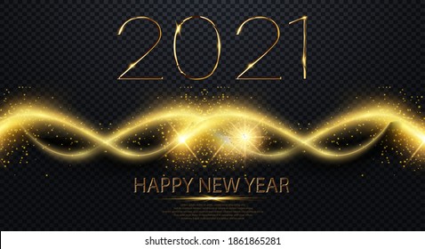 NYE (New Year Eve) 2021. Happy New Year 2021 winter holiday greeting card design template. Party poster, banner or invitation gold glittering stars confetti glitter decoration. vector illustration